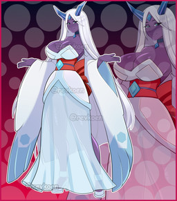 armor big_breasts border bottomwear breasts butt clothed clothed_female clothed_humanoid clothing corset dress female female_humanoid footwear gloves hair handwear high_heels horn huge_breasts lingerie long_hair panties shoes skirt solo topwear translucent translucent_bottomwear translucent_clothing translucent_dress translucent_skirt underwear white_clothing white_panties white_underwear revkoen nintendo pokemon generation_4_pokemon generation_9_pokemon humanoid mega_evolution mega_froslass pokemon_(species) absurd_res distracting_watermark hi_res model_sheet watermark