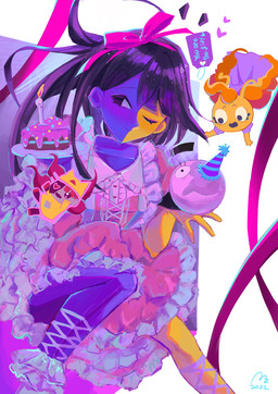 alternative_fashion ambiguous_gender anime_style black_eyes black_hair blue_body breasts clothed clothing dress eyebrows falling female floating_head grey_body group hair hat headgear headwear j-fashion lolita_(fashion) micro multicolored_body not_furry open_mouth red_hair simple_background smile split_color sweet_lolita text two_tone_body yellow_body usagimarumei ena:_dream_bbq ena_(series) ena_(web_series) ena_(joel_g) moony_(ena) taski_maiden_(ena) animal_humanoid ena_(species) felid feline humanoid living_moon mammal sphere_creature digital_media_(artwork) english_text hi_res
