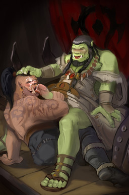 blush bodily_fluids cum cum_on_face duo erection eyes_closed fellatio foreskin genital_fluids genitals horde licking looking_pleasured male male/male not_furry oral penile penis penis_lick retracted_foreskin sex tongue tusks chyringa blizzard_entertainment warcraft garrosh_hellscream thrall_(warcraft) humanoid orc hi_res