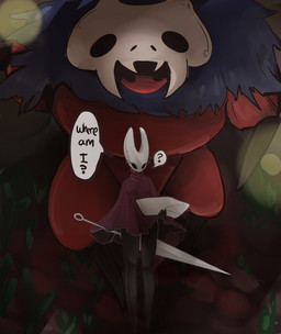 2_horns ambiguous_gender anthro behind_another biped black_body black_eyes black_text cloak clothing dialogue duo empty_eyes eyelashes female fingers holding_map holding_melee_weapon holding_object holding_weapon horn male map melee_weapon oblivious question_mark red_body red_cloak red_clothing speech_bubble standing talking_to_self text weapon ssleepyflowers hollow_knight:_silksong hollow_knight_(franchise) team_cherry hornet_(hollow_knight) ant arthropod hymenopteran insect skarr 2025 english_text hi_res