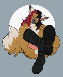anthro army_boots boots boots_only clothing footwear footwear_only genitals gynomorph intersex mostly_nude nude penis shoes simple_background solo spots tail olenchik felid feline hyena lynx mammal flat_colors hi_res nonbinary_(lore)