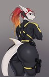 anthro big_butt black_sclera butt clothed clothing female fin fish freckles fully_clothed gun hair handgun hi_res holstered_pistol horn huge_butt looking_at_viewer looking_back looking_back_at_viewer marine notched_fin orinvega pistol ponytail ranged_weapon red_hair shark solo standing tail tail_fin tight_clothing weapon wide_hips