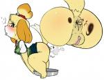 anthro anus blush bodily_fluids bottomwear clothing fart feces feces_as_food female genitals pencil_skirt pooping pussy scatplay simple_background skirt solo strain sweat tongue white_background roy_mccloud animal_crossing nintendo isabelle_(animal_crossing) canid canine canis domestic_dog mammal shih_tzu toy_dog