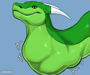 ambiguous_feral ambiguous_gender blue_background feral glistening glistening_eyes green_body horn long_neck looking_at_viewer mouth_closed neck_bulge oral_vore pupils side_view simple_background slit_pupils solo text vore white_horn yellow_eyes roobin mythology dragon mythological_creature mythological_scalie scalie artist_name