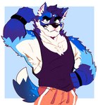 anthro athletic_wear atlas blue_body blue_eyes blue_fur bottomwear clothing flexing fur hair looking_at_viewer male muscular pose shirt shorts simple_background solo tail tank_top topwear mrpandhew canid canine fox mammal 2022 half-length_portrait hi_res portrait