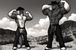 2017 abs anatomically_correct anatomically_correct_genitalia anatomically_correct_penis animal_genitalia animal_penis anthro balls bgn biceps black_and_white chaps clothed clothing cloud clydesdale cowboy_hat dead_tree desert detailed_background digital_media_(artwork) dog_tags draft_horse duo equid equine equine_genitalia equine_penis feathering flaccid flexing fur genitals hat headgear headwear hooves horse jodira male male/male mammal mane medial_ring monochrome muscular muscular_male navel nipples outside pecs penis plant rannik shrub sky smile smirk standing tree wild_west
