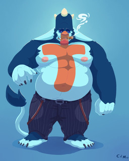 areola belly belt big_belly black_belt blue_background blue_body blue_eyebrows blue_fur blue_tail bottomwear cigar cigar_in_mouth clothed clothing eyebrows front_view fur grey_bottomwear grey_clothing grey_pants looking_at_viewer male navel nipples obese obese_humanoid obese_male object_in_mouth overweight overweight_humanoid overweight_male pants pink_areola pink_nipples simple_background solo tail tail_tuft teeth topless tuft chocolateandmilk humanoid 4:5 full-length_portrait hi_res portrait