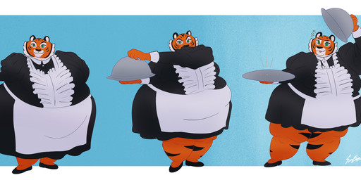 4_fingers anthro apron black_clothing black_dress black_ears black_footwear black_markings black_shoes black_stripes blue_background breasts button_(fastener) cheek_tuft closed_smile clothed clothed_anthro clothed_female clothing dress facial_markings facial_tuft fat_legs female female_anthro fingers flats_(shoes) footwear fur green_eyes hand_behind_back head_markings holding_serving_tray huge_thighs light maid_uniform markings morbidly_obese morbidly_obese_anthro morbidly_obese_female mouth_closed multicolored_body multicolored_fur nervous nervous_smile obese obese_anthro obese_female open_mouth open_smile orange_body orange_fur overweight overweight_anthro overweight_female pink_mouth serving_tray shoes simple_background smile smiling_at_viewer solo standing straight_arm striped_legs stripes thick_thighs tuft uniform white_apron white_body white_clothing white_fur white_inner_ear wide_hipped_anthro wide_hipped_female sambaba melody_(tawnyscrawnyleo) felid mammal pantherine tiger 2020 absurd_res colored digital_drawing_(artwork) digital_media_(artwork) english_description flat_colors hi_res lighting multiple_scenes shaded signature