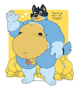 after_sex all_fours anthro areola backsack balls bareback belly belly_overhang big_belly big_butt blush bodily_fluids border butt cum cum_in_ass cum_inside cum_on_butt cum_on_hand cum_on_own_penis cum_on_partner cum_on_penis cum_on_self dialogue erection eyebrows foreskin fur genital_fluids genitals gesture glans group group_sex humanoid_genitalia humanoid_penis inviting inviting_to_sex looking_at_viewer male male/male moobs narrowed_eyes navel nipples nude overweight overweight_anthro overweight_male penis retracted_foreskin sex simple_background smile solo_focus standing talking_to_viewer text thick_arms thick_thighs threesome trio tuft two_subs_one_dom vein waving white_border yellow_background jerebear0w0 bluey_(series) bandit_heeler australian_cattle_dog canid canine canis cattledog domestic_dog herding_dog mammal pastoral_dog 2025 english_text hi_res