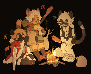 anthro bandage black_background black_body black_fur bread brown_body brown_fur brown_markings campfire claws cloak clothed clothing cross_pupils dipstick_tail eating facial_markings fire food fur green_eyes group hair head_markings holding_food holding_object kemono male markings meat melee_weapon multicolored_tail open_mouth open_smile paper pawpads pink_pawpads pupils raised_tail reading red_clothing red_eyes simple_background slit_pupils smile sword symbol-shaped_pupils tail tail_markings tail_tuft tan_body tan_fur tan_hair tuft unusual_pupils weapon white_body white_fur white_hair young young_anthro young_male milkybot lavy_(milkybot) lion_prince_(milkybot) domestic_cat felid feline felis lion mammal pantherine 2020 hi_res