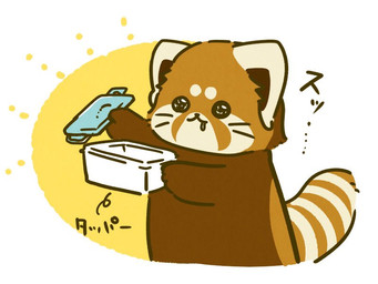 biped bodily_fluids brown_body brown_fur chibi dot_eyes drooling feral fur saliva simple_background simple_eyes solo text shi_nominmin ailurid mammal red_panda 2020 4:3 japanese_text