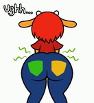 anthro big_butt black_outline black_text_border blue_bottomwear blue_clothing blue_jeans blue_pants bottomwear butt clothing denim denim_bottomwear denim_clothing fart fart_cloud fart_fetish female fur gassy green_fart_cloud green_text hair horn jeans onomatopoeia orange_body orange_ears orange_fur outline pants red_clothing red_hair red_shirt red_topwear shirt simple_background solo sound_effects text topwear white_background white_horn white_text sorollos parappa_the_rapper sony_corporation sony_interactive_entertainment um_jammer_lammy lammy_lamb bovid caprine mammal sheep 2022 animated