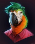 anthro beak black_beak clothing feathers green_hair hair male red_clothing red_shirt red_topwear shirt solo topwear lostgoose avian bird macaw neotropical_parrot parrot true_parrot 2024 4:5 hi_res portrait