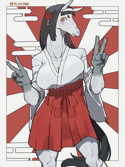 abstract_background anthro bangs big_breasts biped black_hair breasts cleavage clothed clothing female fully_clothed fur gesture grey_body grey_fur hair hand_gesture looking_at_viewer shrine_maiden smile solo v_sign dragon_dedemushi chinese_zodiac year_of_the_horse equid equine horse mammal 2026 3:4 absurd_res digital_drawing_(artwork) digital_media_(artwork) hi_res signature