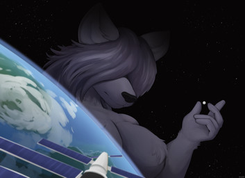 anthro atmosphere cloud earth_(planet) female fur hair hair_over_eyes macro macro_anthro moon nude purple_body purple_fur satellite solo space_station star terra_macro karr_(artist) canid canine canis mammal wolf absurd_res hi_res