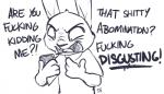 ambiguous_gender angry anthro buckteeth cellphone clothed clothing dialogue disgust ears_up electronics front_view grimace head_tuft holding_cellphone holding_object holding_phone open_mouth phone profanity shirt simple_background solo teeth text tongue topwear tuft white_background yelling alec8ter conditional_dnp disney zootopia judy_hopps lagomorph leporid mammal rabbit blue_and_white english_text monochrome reaction_image