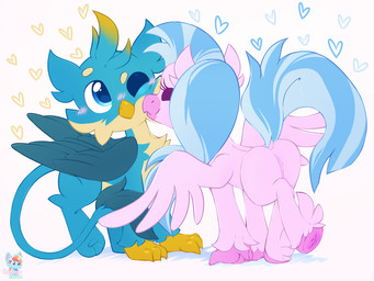 beak blue_body blue_eyes blue_feathers blue_fur blue_hair blue_tail blush butt cheek_tuft chest_tuft chibi daww dock_(anatomy) duo facial_tuft feathered_wings feathers female feral folded_wings fur hair heart_symbol holidays hooves interspecies kiss_on_cheek kissing looking_up male male/female monotone_body monotone_fur multicolored_body multicolored_fur one_eye_closed pink_body pink_feathers pink_fur quadruped simple_background spread_wings tail tail_tuft tan_body tan_fur tuft two_tone_body two_tone_fur underhoof white_background wings rainboweevee european_mythology friendship_is_magic greek_mythology hasbro my_little_pony mythology valentine's_day gallus_(mlp) silverstream_(mlp) avian gryphon hippogriff mythological_avian mythological_creature 2023 4:3 digital_drawing_(artwork) digital_media_(artwork)