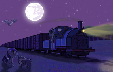 accessory brown_eyes clothing female feral full_moon group hat headgear headwear lamp locomotive male mare_in_the_moon moon oil_lamp scarf steam_locomotive train vehicle wagon wings yellow_eyes turbojuk hasbro my_little_pony mythology fan_character avian badger bat_pony bird earth_pony equid equine horse mammal mustelid musteline mythological_creature owl pony hi_res
