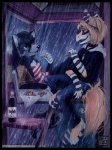 anthro blue_eyes clothing collar duo feet female food outside pizza raining red_eyes sitting tail sharley mythology canid canine dragon mammal mythological_creature mythological_scalie scalie 3:4