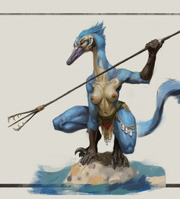abalone_shell anthro areola athletic athletic_anthro athletic_female biped blue_body blue_feathers bottomwear breasts claws clothed clothing crouching eyebrows feathered_tail feathers feet female fingers fishing holding_melee_weapon holding_object holding_polearm holding_spear holding_weapon humanoid_hands loincloth loincloth_only long_neck long_tail looking_aside melee_weapon midriff muscular muscular_anthro muscular_female navel nipples non-mammal_breasts non-mammal_navel non-mammal_nipples polearm rock shell sickle_claw skimpy solo spear spearfishing tail tan_body thick_thighs toe_claws toes topless topless_anthro topless_female tribal water weapon wide_hips upai dinosaur feathered_dinosaur feathered_scalie prehistoric_species reptile saurischian scalie theropod unenlagiid 2024 absurd_res colored hi_res traditional_media_(artwork)