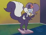 accessory anthro blue_sclera bow_ribbon breasts butt claws female fur hair_accessory hair_bow hair_ribbon looking_down nails pink_nose purple_body purple_fur ribbons solo teeth thick_thighs weighing_scale mex0n3 tiny_toon_adventures warner_brothers fifi_la_fume mammal mephitid skunk 2024 4:3 signature