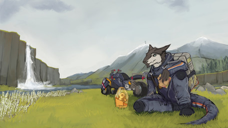 anthro backpack bottle burger cheese cliff clothed clothing container dairy_products detailed_background food furgonomics grass lake male motorcycle mountain outside plant rock sitting solo swiss_cheese tail tail_clothing tree vehicle waterfall fingerprint_(artist) death_stranding sergal 16:9 2023 hi_res widescreen