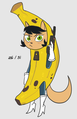 anthro banana_costume black_hair boots clothing costume female female_anthro footwear fur green_eyes gun hair handgun high_heeled_boots high_heels holding_gun holding_handgun holding_object holding_ranged_weapon holding_weapon looking_at_viewer pose ranged_weapon shoes simple_background solo standing tail tan_body tan_ears tan_fur tan_tail weapon white_background white_clothing white_footwear zipper dbaru nickelodeon t.u.f.f._puppy kitty_katswell domestic_cat felid feline felis mammal 2026 dated full-length_portrait portrait