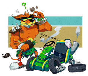 abs anthro biceps bottomwear bracelet brown_hair clothing eyebrows fangs footwear fur hair hammer jewelry kart kemono loincloth male muscular muscular_anthro muscular_arms muscular_male orange_body orange_fur pecs question_mark scratching_head sharp_teeth shoes shoulder_pads simple_background smoke solo spiked_bracelet spiked_shoulder_pads spikes tail tail_tuft tan_body tan_fur teeth text thick_eyebrows tools tuft vehicle wheel yellow_sclera kometubu activision crash_bandicoot_(series) crash_team_racing_(series) tiny_tiger dasyuromorph mammal marsupial recently_extinct_species thylacine 2014 japanese_text