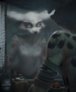 alcohol alcohol_bottle anthro band-aid bandage bathroom beverage beverage_bottle big_ears blood blood_on_fur blue_eyes bodily_fluids bottle breasts bruised condensation container female floppy_ears fur fur_markings looking_at_mirror looking_at_object markings mirror skinny small_breasts solo spots spotted_body spotted_fur spotted_markings towel vixenpeeks blizzard_entertainment warcraft peeks_(vulpera) canid canine fennec_fox fox mammal true_fox vulpera 3d_(artwork) 5:6 absurd_res digital_media_(artwork) hi_res watermark