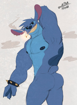 3_fingers anthro anthrofied back_markings black_eyes blue_body blue_claws blue_eyebrows blue_fur blue_markings blue_nipples blue_nose bracelet bulge butt butt_pose cigarette cigarette_smoke claws crotch_tuft ear_piercing ear_ring eyebrows fingers fur grin hand_behind_head jewelry looking_at_viewer male markings muscular muscular_anthro muscular_male nipple_piercing nipples notched_ear nude piercing pose ring_piercing sharp_teeth smile smoke smoking solo spiked_bracelet spikes teeth tuft zipperhyena disney lilo_and_stitch himbo_stitch stitch_(lilo_and_stitch) alien experiment_(lilo_and_stitch) 2021 hi_res