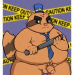 anthro balls barazoku baton brown_body brown_fur clothing eyebrows flaccid fur genitals hat headgear headwear humanoid_hands male moobs mostly_nude necktie nipples overweight overweight_anthro overweight_male penis pubes simple_background solo text thick_eyebrows kusosensei alice_detective_bureau inspector_arai mammal procyonid raccoon 2018 absurd_res english_text hi_res