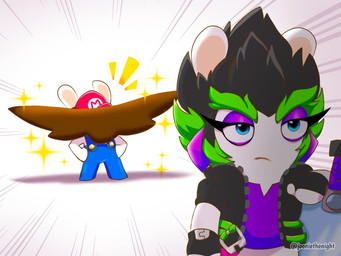 amethyst_(gem) anthro arms_bent belt black_clothing black_hair black_handwear black_jacket black_mittens black_topwear blue_eyes brown_facial_hair brown_mustache closed_frown clothed clothed_anthro clothed_female clothed_male clothing duo eyebrows eyelashes facial_hair fangs female female_anthro flat_chested frown fur gem green_belt green_eyebrows green_hair hair hands_on_own_hips handwear hat headgear headwear huge_mustache hyper_mustache jacket lidded_eyes light lips long_ears male male_anthro melee_weapon mitten_hands mittens motion_lines mouth_closed multicolored_hair mustache noseless open_belt open_clothing open_jacket open_topwear purple_clothing purple_eyelids purple_shirt purple_topwear red_clothing red_hat red_headwear shirt short_hair simple_background sparkles spiky_hair standing sword tan_body tan_inner_ear tan_lips tan_skin teeth text thick_eyebrows topwear torn_clothing torn_shirt torn_topwear two_tone_hair weapon white_background white_body white_fur jooniethenight mario_bros mario_plus_rabbids_kingdom_battle mario_plus_rabbids_sparks_of_hope nintendo raving_rabbids rayman_(series) ubisoft edge_(mario_plus_rabbids) rabbid_mario lagomorph mammal rabbid 2023 4:3 artist_name colored crossover digital_drawing_(artwork) digital_media_(artwork) english_description lighting shaded