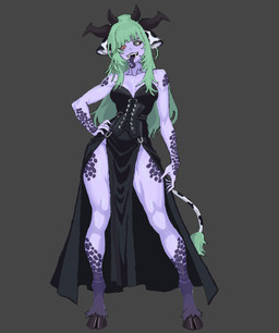 female green_hair hair heterochromia long_tongue open_mouth purple_body purple_skin purple_tongue scaled sharp_teeth teeth tongue tongue_out wannabehobo vtuber crelly_(vtuber) demon humanoid hi_res