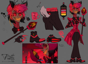 butt detailed_background electronics gem gold_(metal) hair male old_clothes radio red_eyes red_hair ruby_(gem) scenery smile solo tail vitalevulpes hazbin_hotel hellaverse alastor_(hazbin_hotel) cervine deer human humanoid mammal absurd_res hi_res meme model_sheet