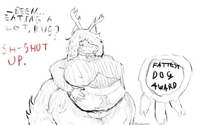 accessory anthro antlers award belly belly_grab belly_hair big_belly big_butt bloated body_hair bone bottomwear bulge butt clothed clothing collar damaged_antler denim denim_bottomwear denim_clothing dialogue feederism flower flower_in_hair fluffy fluffy_tail gynomorph hair hair_accessory heart_nose heart_symbol horn huge_belly huge_butt hyper hyper_belly hyper_butt intersex jeans long_hair messy_hair mocking notched_ear obese offscreen_character overweight pants partially_clothed plant skull skull_head slightly_chubby solo sweater tail text topwear wardrobe_malfunction weight_gain kussykus soyjak.party kus canid canine canis deer domestic_dog husky hybrid mammal monster new_world_deer nordic_sled_dog reindeer skulldog_(species) spitz wolf hi_res portrait sketch three-quarter_portrait unfinished intersex_(lore)