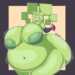 areola belly big_belly big_breasts big_butt big_nipples biped blush blush_stickers bottom_heavy breasts butt clothing eating eyebrows eyelashes female front_view gem geometric_background gloves gloves_only green_body hair handwear handwear_only holding_object huge_breasts huge_butt huge_hips huge_thighs looking_aside monotone_body mostly_nude navel nipples not_furry obese onomatopoeia overweight overweight_female ruby_(gem) simple_background simple_eyes solo sound_effects text thick_thighs wide_hips voctopie mario_bros nintendo paper_mario mimi_(paper_mario) humanoid 2025 artist_name digital_drawing_(artwork) digital_media_(artwork) hi_res