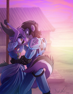 anthro armor bedroom_eyes black_hair breasts cleavage clothed clothing dress duo female fur hair male male/female narrowed_eyes outside pink_body pink_fur pink_hair pink_nose seductive david_lillie dreamkeepers fan_character viriathus_vayu haplorhine lagomorph leporid mammal monkey primate rabbit 2022 hi_res