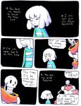 aftertale ambiguous_gender animated_skeleton black_background bone clothing coat comic dialogue english_text frisk_(undertale) happy human humanoid laugh loverofpiggies male mammal not_furry papyrus_(undertale) scarf simple_background skeleton text topwear undead undertale undertale_(series)