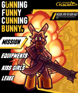 anthro arm_tuft blush blush_lines brown_body buckteeth clothing elbow_tuft explosion female footwear gameplay_mechanics gatling_gun gun high_heels machine_gun menu_screen minigun mottled mottled_body ranged_weapon shoes solo standing stickers_on_object teeth text tuft user_interface weapon winged_eyeliner yellow_clothing yellow_footwear yellow_high_heels cococrab lagomorph leporid mammal rabbit 2026 aliasing digital_media_(artwork) english_text hi_res signature