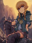 blonde_hair blue_eyes boots clothing female footwear gloves hair handwear humanoid_pointy_ears light_body light_skin looking_at_viewer not_furry pointy_ears rock shoes sitting smile solo jackrockhardt hyrule_warriors nintendo the_legend_of_zelda linkle humanoid hylian 2021 3:4 hi_res signature