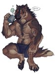 anthro beverage bottomwear brown_body brown_fur bulge claws clothing coffee digitigrade fluffy forearm_muscles fur glowing glowing_eyes male muscular muscular_male neck_tuft pawpads paws simple_background solo tuft nmvsolidus mythology canid canine canis mammal mythological_canine mythological_creature werecanid werecanine werecreature werewolf wolf hi_res