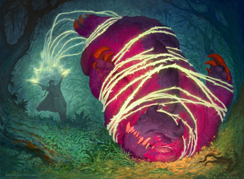 ambiguous_gender claws duo eyes_closed feral forest humanoid_pointy_ears magic plant pointy_ears red_body red_scales scales sharp_teeth size_difference teeth tree vine_bondage john_tedrick hasbro magic:_the_gathering wizards_of_the_coast nissa_revane elf humanoid scalie 2022 absurd_res hi_res official_art