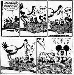 ambiguous_gender anthro beak dialogue feral group male onomatopoeia open_mouth outside plant question_mark sound_effects speech_bubble teeth text tongue tree young young_feral ub_iwerks walt_disney_(artist) win_smith disney public_domain mickey_mouse avian bird worm 1930 20th_century absurd_res ancient_art black_and_white english_text hi_res monochrome signature parent_(lore) parent_and_child_(lore)