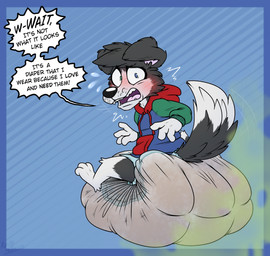 anthro big_diaper blush chibi clothed clothing dialogue diaper dipstick_tail embarrassed excessive_feces feces gloves_(marking) heterochromia hoodie huge_diaper hyper hyper_feces hyper_soiling looking_at_viewer looking_back male markings pantsless soiled_diaper soiling solo speech_bubble stink_fumes stink_lines tail tail_markings talking_to_viewer text topwear unclean_diaper used_diaper young young_anthro poofbuttrocky kc_(d) kc_the_pup canid canine canis domestic_dog mammal english_text hi_res