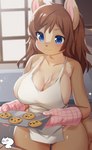 anthro apron blue_eyes blush breasts brown_body brown_fur brown_hair clothing female food fur gloves hair handwear holding_food holding_object holding_tray inside smile solo wide_hips window niniidawns canid mammal 2019 digital_media_(artwork) hi_res shaded