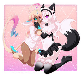 alternative_fashion anthro blush boots bottomwear clothed clothing duo ero_lolita feet female female/female fingers flat_chested fluffy fluffy_tail food footwear fur hair high_heeled_boots high_heels j-fashion legwear lolita_(fashion) long_hair looking_at_viewer maid_uniform midriff navel pink_hair purple_eyes shoes simple_background skirt smile soles stockings sweater tail topwear uniform re-sublimity-kun pocky canid mammal 2015 digital_media_(artwork)