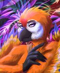 abstract_background ambiguous_gender anthro avian beak bird black_beak black_claws blue_eyes claws feathers female_(lore) hi_res orange_body orange_feathers parrot seraphim_(artist) seraphimka_(artist) solo