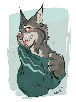 anthro blush clothing fur grey_body grey_fur male simple_background solo sweater teeth tongue tongue_out topwear open85426 disney zootopia pawbert_lynxley canada_lynx felid feline lynx mammal hi_res