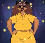 anthro big_breasts black_eyes breasts brown_body brown_fur brown_hair clothed clothing curled_hair curvy_figure detailed_background facial_piercing female fur hair hands_on_hips lip_piercing long_hair markings mature_anthro mature_female nails outside pajamas piercing slightly_chubby slightly_chubby_anthro slightly_chubby_female smile solo spots spotted_body spotted_fur thick_thighs voluptuous wavy_hair wide_hips loremsiipsum_(artist) kiera_southpaw ambient_arthropod ambient_insect arthropod beetle elateroid firefly hyena insect mammal spotted_hyena 2021 colored detailed digital_drawing_(artwork) digital_media_(artwork) watermark