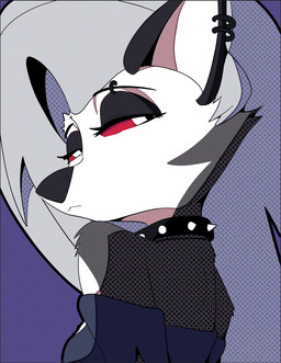 anthro breasts clothing collar ear_piercing ear_ring eyebrow_piercing facial_piercing female fur grey_body grey_fur grey_hair hair piercing red_sclera ring_piercing solo spiked_collar spikes topwear white_body white_fur doylecoati hellaverse helluva_boss mythology loona_(helluva_boss) canid canid_demon canine demon hellhound mammal mythological_canine mythological_creature 2023 digital_media_(artwork)